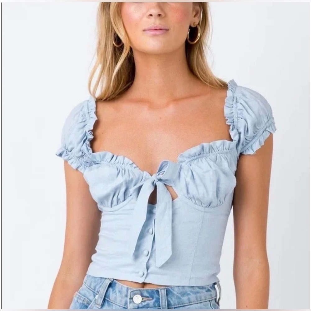 Princess Polly Chambray Denim Eloise Tie Crop Top Cottagecore